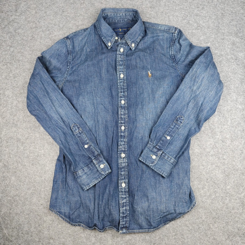 Polo Ralph Lauren Denim Button Down Shirt Men's Large Flesh Pony Chambray Preppy
